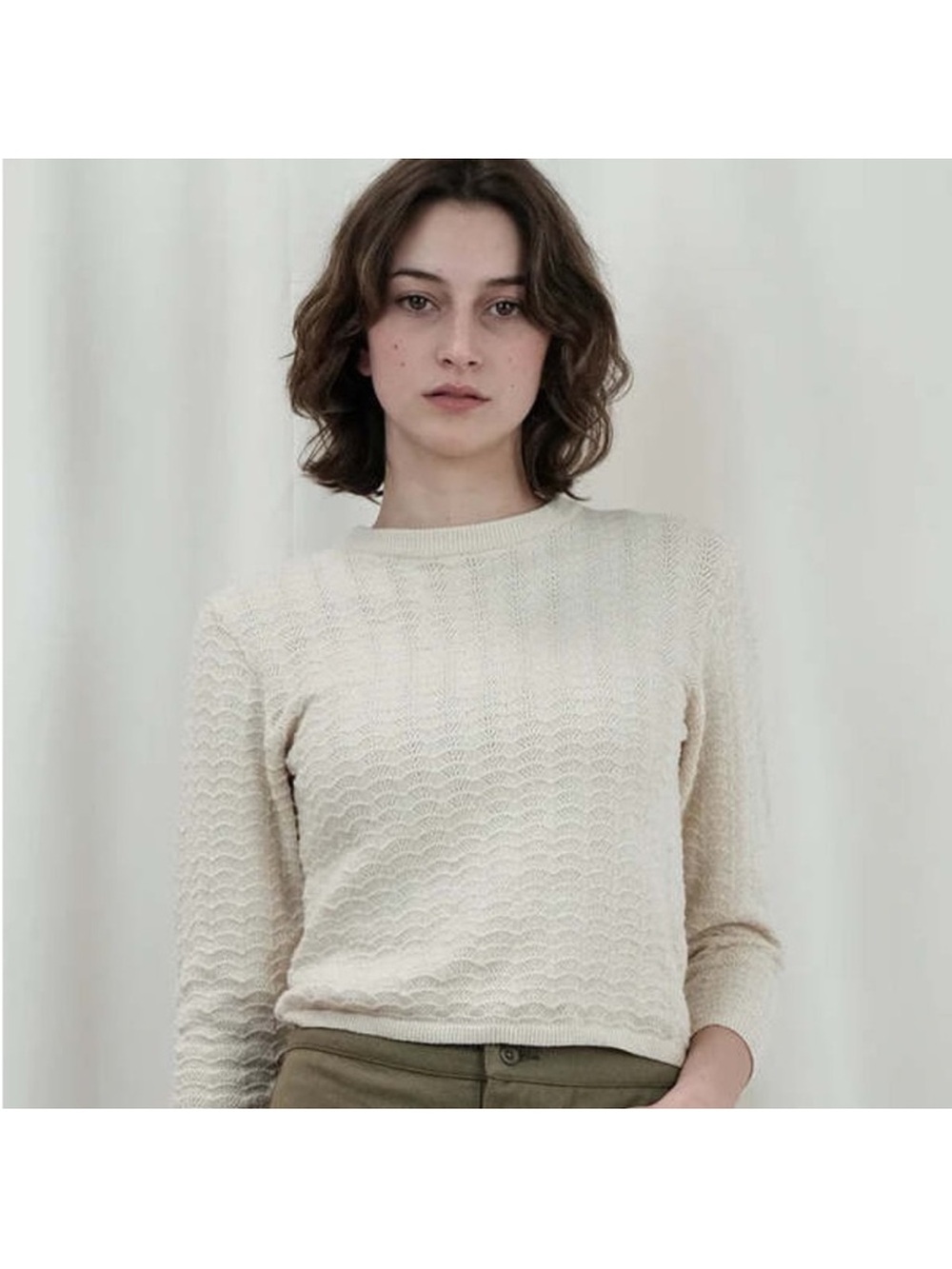 Micaela Greg pointelle long sleeve cotton sweater tee - Large